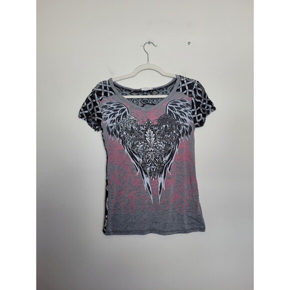 Angels & Diamonds Graphic T-Shirt Demonia Affliction Goth Emo Grunge Mesh Small - Picture 1 of 12